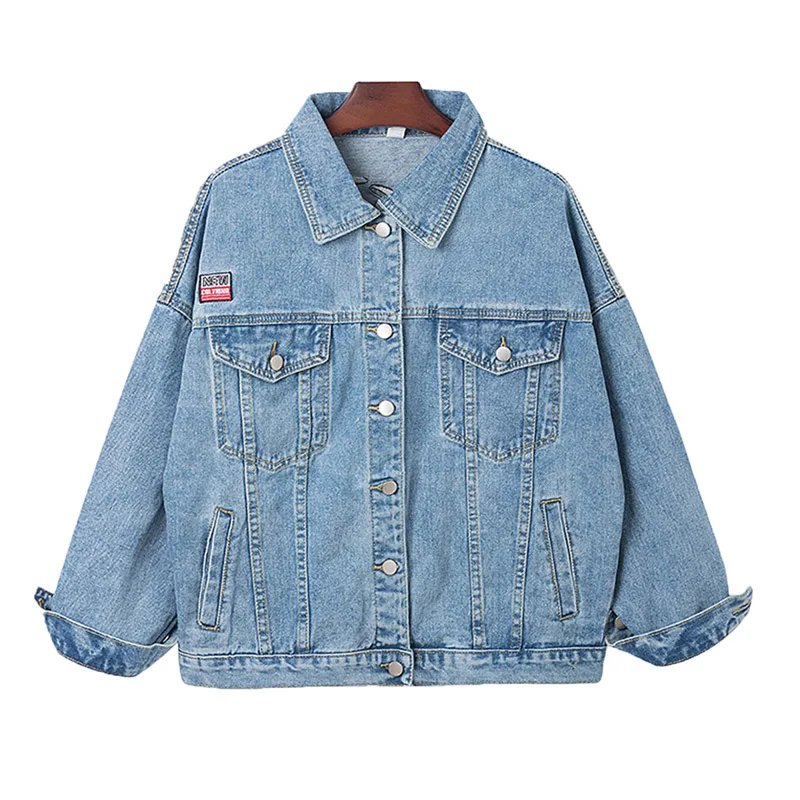 

PERHAPS U Women Short Cropped Denim Blue Jacket Button Long Sleeves Jean Turn Down Collar Flower Letter Floral Embroidery C0068