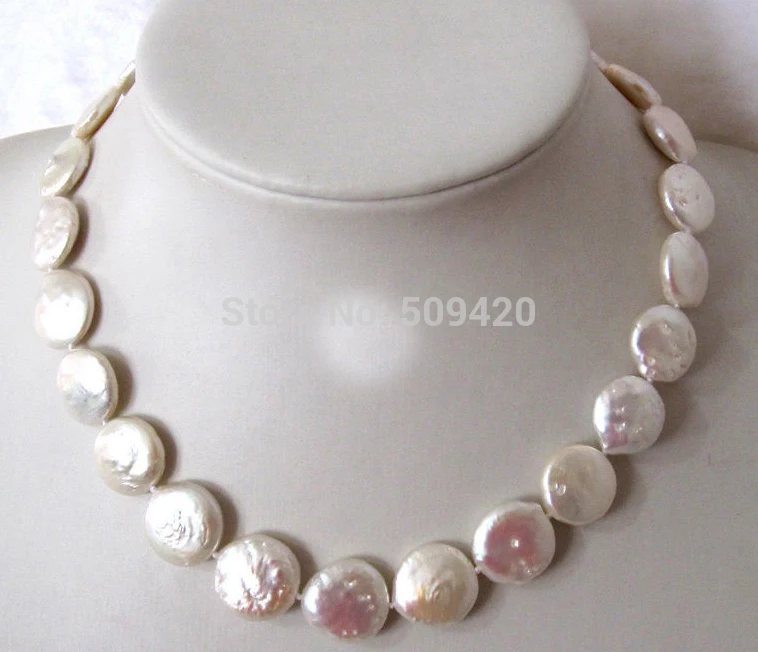

~~ Free Shipping 17" 14-15mm White Coin Freshwater Pearl Necklace Strand Jewelry