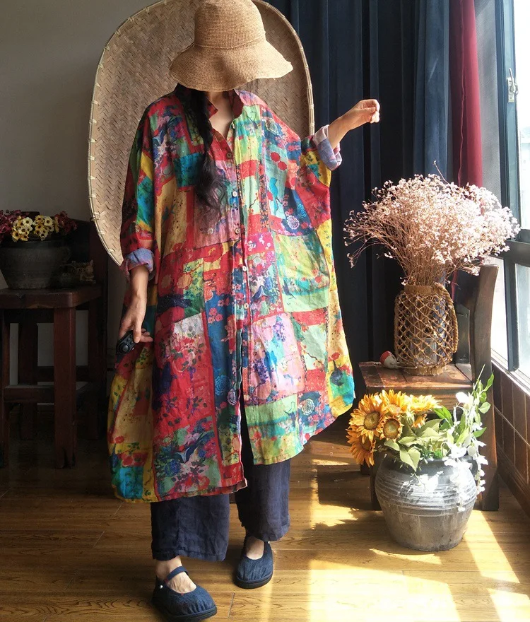 

Beautiful Large Oil Painting Color Blocks Women Pure Ramie Cardigan Shirt Long Thin Batwing Sleeve Ethnic Print Plus Size Blouse