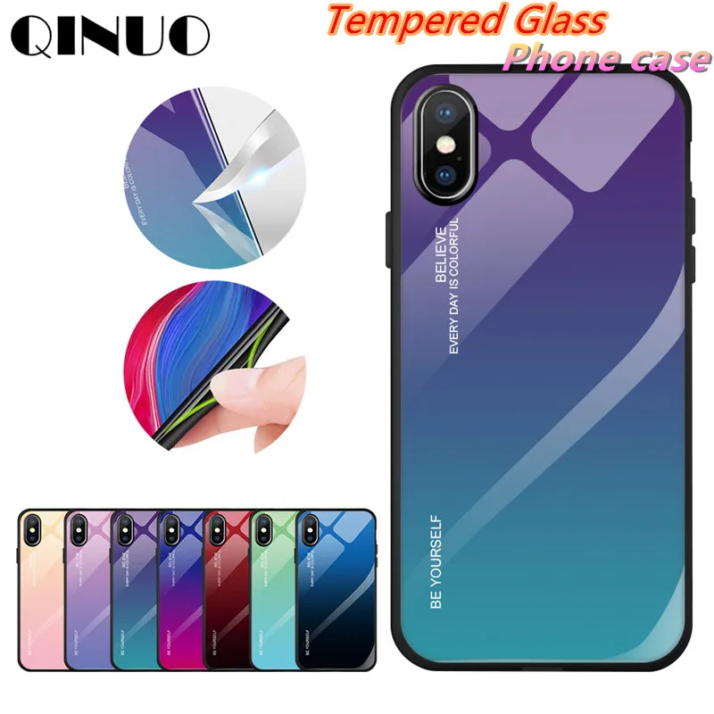 QINUO Gradient Tempered glass Case For iPhone X XS Max XR Scratchproof Fresh Fashion TPU iPhone6 6S 7 8 Plus Capa Funda |