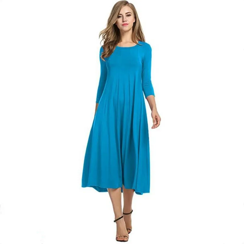 

New Midi Dresses Spring Autumn Europe Russia Trend Lady Red Green Solid Color Casual Pleated Three-quarter Sleeve Straight
