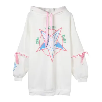 

Lychee Girls Cartoon Rabbit Print Lace Up Hooded Sweatshirt Long Sleeve Women Cute Long Hoodies Autumn Sweet Female Pullovers