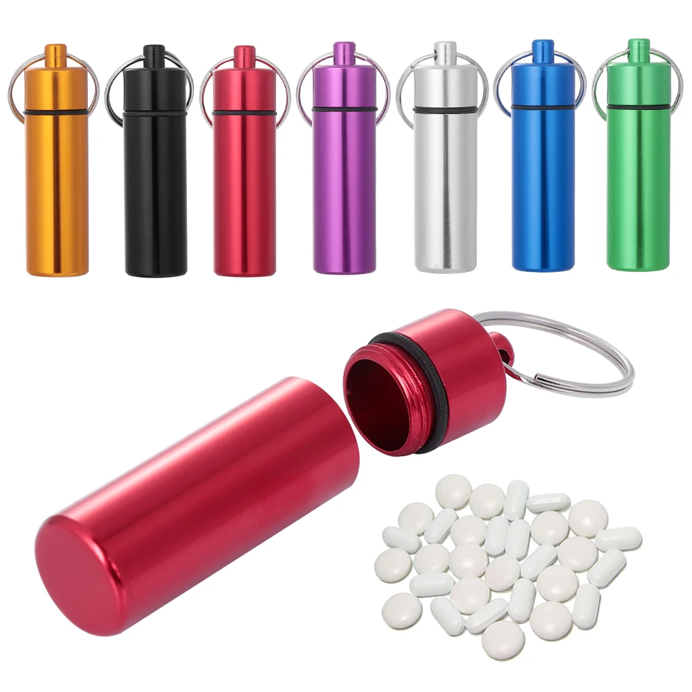 1pc Aluminum Waterproof Pills Box With Keychain Portable Drugs Container Medicine Bottle EDC