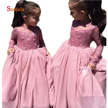 

Lace Long Sleeve Flower Girls Dresses Floor Length Girls Pageant Party Dresses Chiffon Formal Gowns bloemenmeisjes jurken D916