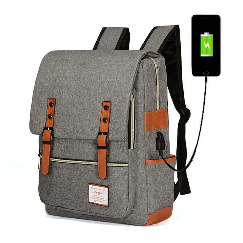 Винтажные мужские и женские рюкзаки с зарядкой через Usb, школьные сумки для подростков мальчиков и девочек, вместительный рюкзак для ноутбука, мужской рюкзак - Цвет: USB charge gray