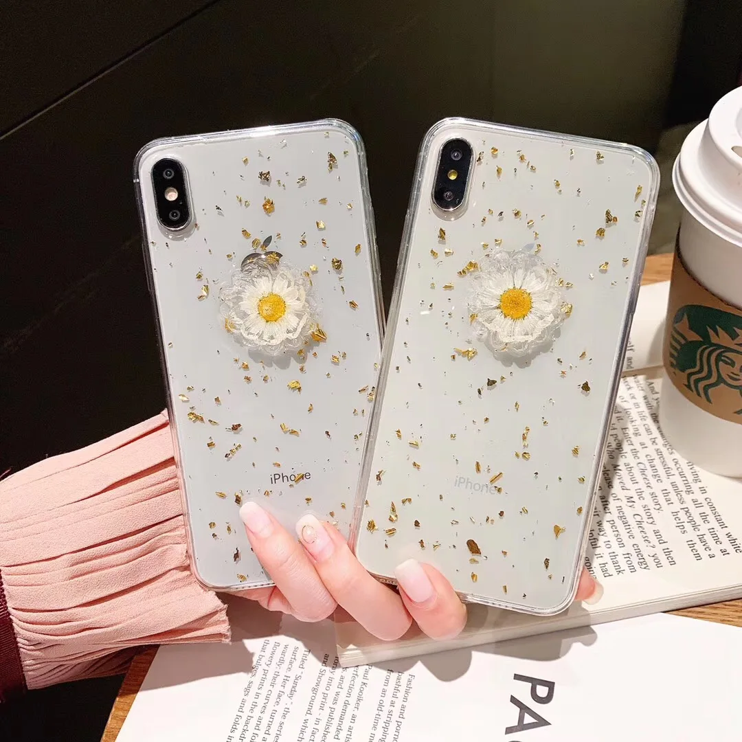 Чехол Tfshining из золотой фольги с объемным настоящим цветком для телефона iPhone XS Max XR