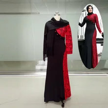 Real Custom Black and Red High Neck Muslim Evening Dresses with Hijab Long Sleeves Lace Stitching Beaded Prom Dresses FE88