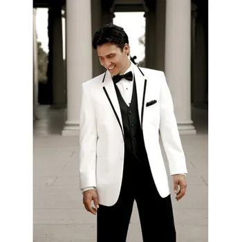 

Groom men Suit white Jacket Black Pants terno masculino 2017 Custom 3 pieces Business smoking mens suits (jackets+Pants+vest)