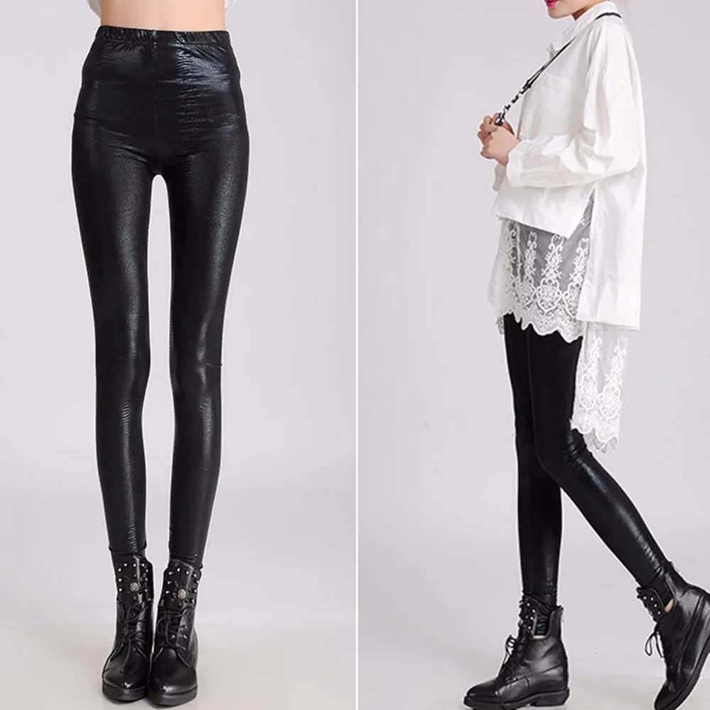 Faux Leather Leggings Navy Blue Sexy Women Leggins Thin Black Leggings