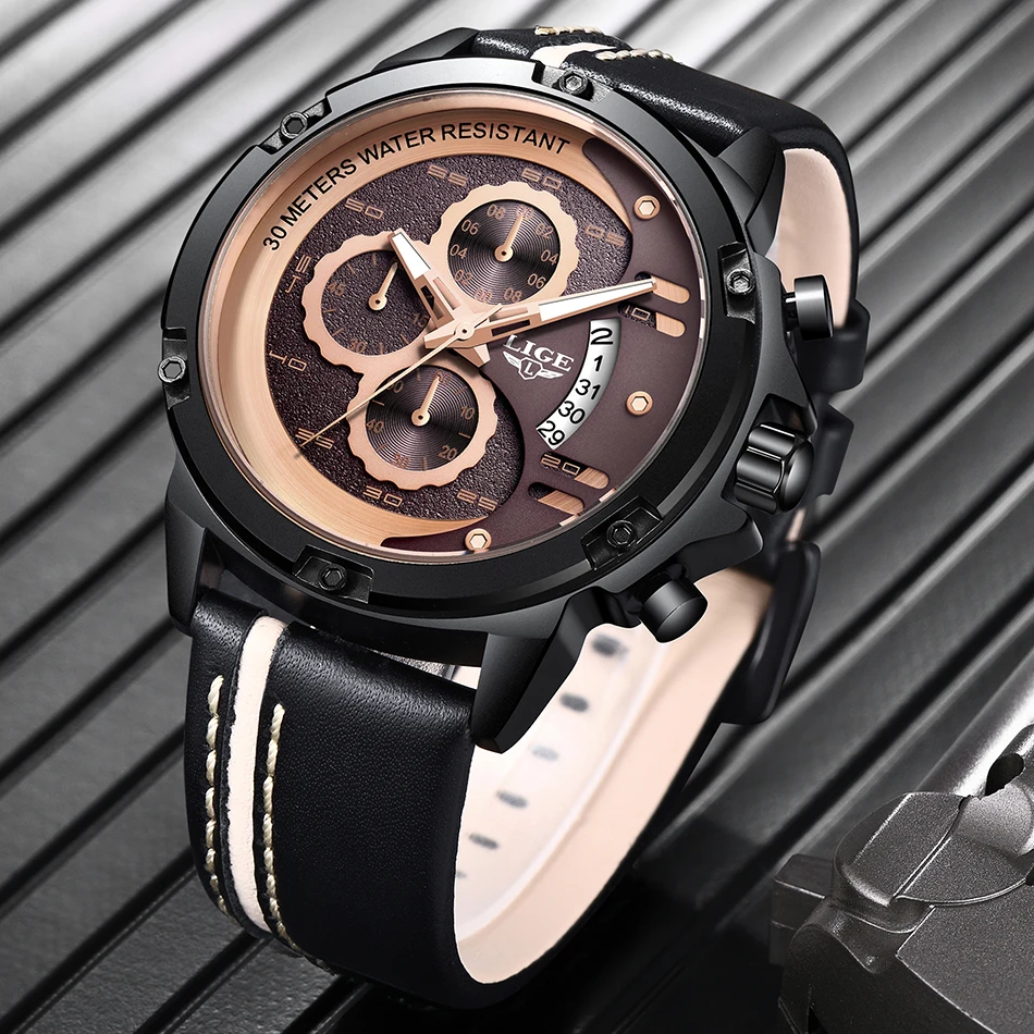 

New LIGE Relogio Masculino Men's Military Sport Watches Men Leather Waterproof Quartz Watch Chronograph Montre Homme Luxe + Box