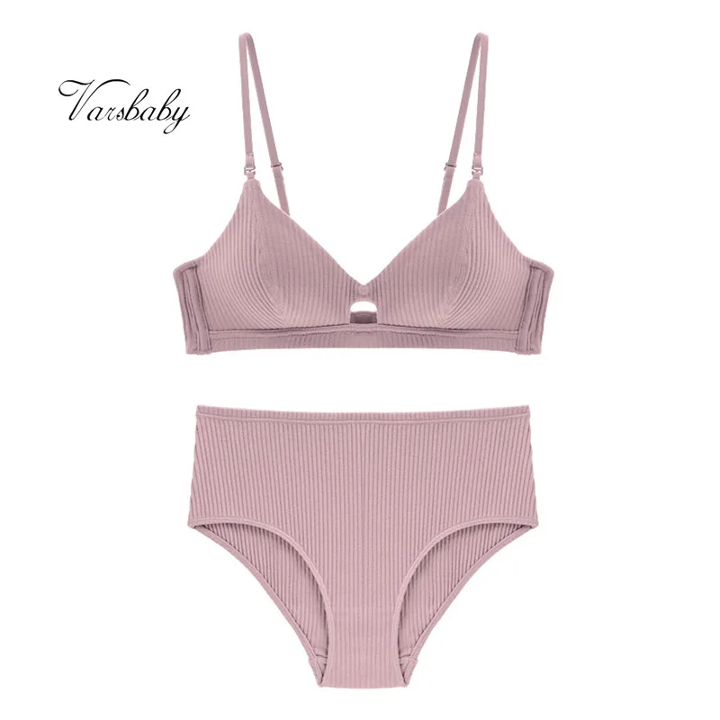 

Varsbaby sexy solid thread padded cotton lingerie set wire free Y-line straps push up bra sets