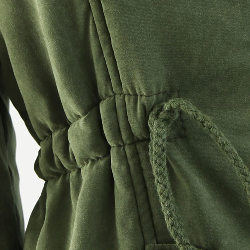 ROMWE Армейский зеленый исправленными искусственной меховой воротник парки с капюшоном пальто Женская Зимняя мода Костюмы Повседневное молния длинная верхняя одежда