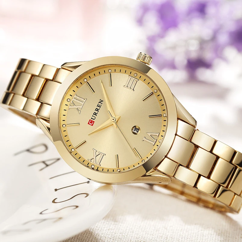 Ювелирные подарки для женщин Роскошные золотые Стальные кварцевые часы Curren Брендовые женские часы модные женские часы relogio feminino 9007