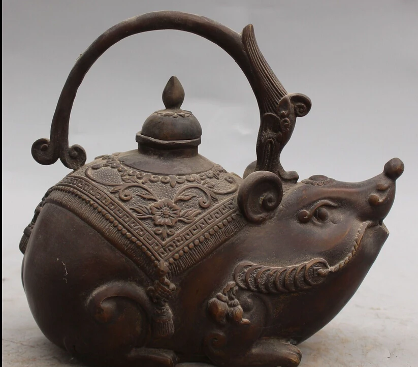 

zhaorui58862918CM Marked Chinese Bronze Wealth Money Mouse Rice Dragon Wine Tea Pot Flagon statue