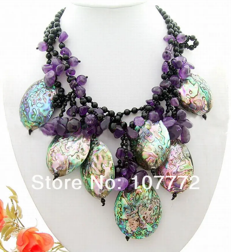 

3 strands Onyx&Purple Crystal&Paua Abalone Shell Necklace