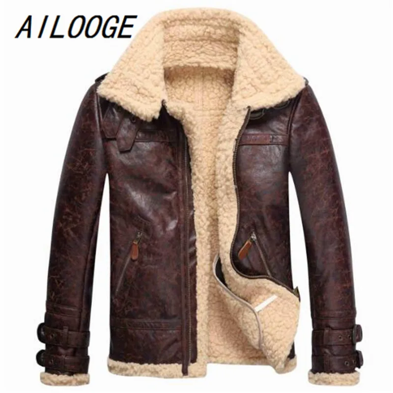 AILOOGE Мужская кожаная куртка из овечьей шерсти флисовая куртка-бомбер летная зимняя куртка с пряжкой - Цвет: coffee