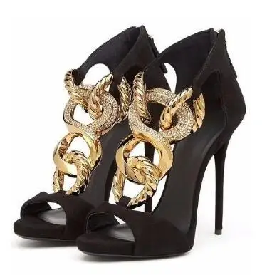 

New Summer Women Black Suede Peep Toe Gold Metal Chain Sandals Summer Back Zipper Cover Heel Thin Heel Party Shoes 12 cm Heel