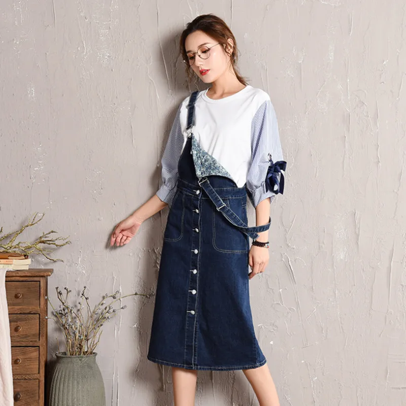 

Plus Size 5XL Denim Overalls Dresses Women 2018 New Autumn Korean Single-Breasted Suspender Jeans Dress Student Denim Dress