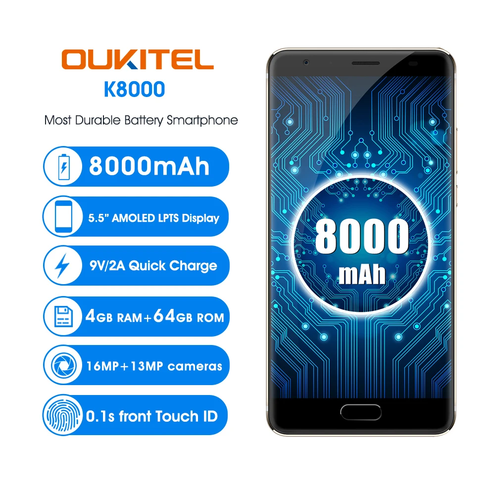 OUKITEL K8000 Android 7,0 de 5,5 mobile Phone Octa Core 4 GB 64 GB 8000 mAh 13.0MP + 16.0MP cámaras traseras teléfono Celular frente Touch ID desbloquear