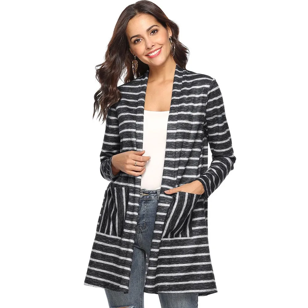 Women Fashion Striped Pocket Stitching Striped Shawl Long Cardigan Coat