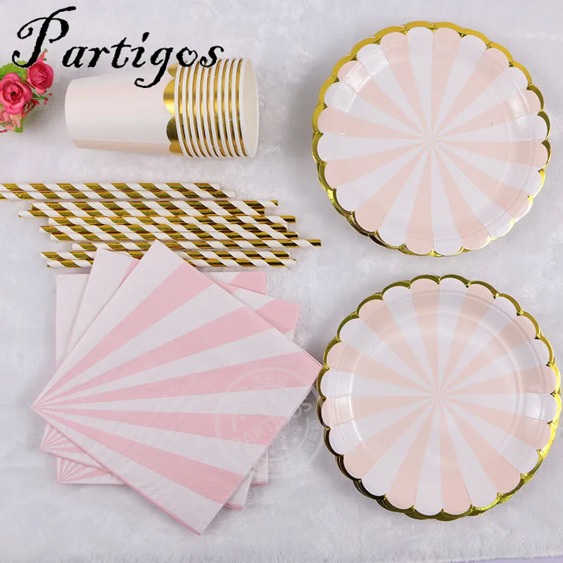 

65pcs pink green Disposable Paper cup paper plate Wedding Favors Drinking Straws table napink Party Supplies