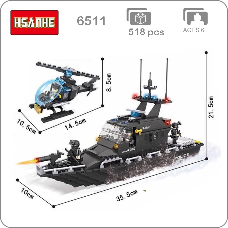 Hsanhe 6511 военная армия Ploice SWAT фрегат корабль лодка вертолет 3D модель Конструкторы