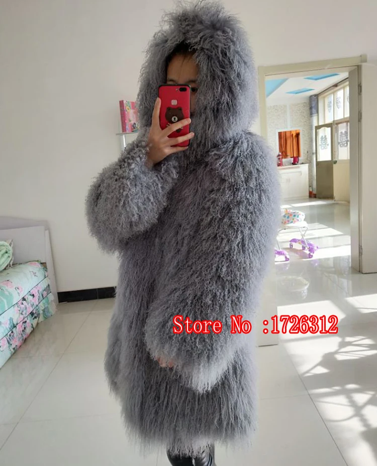 Women real mongolian sheep fur coat hooded beach wool medium