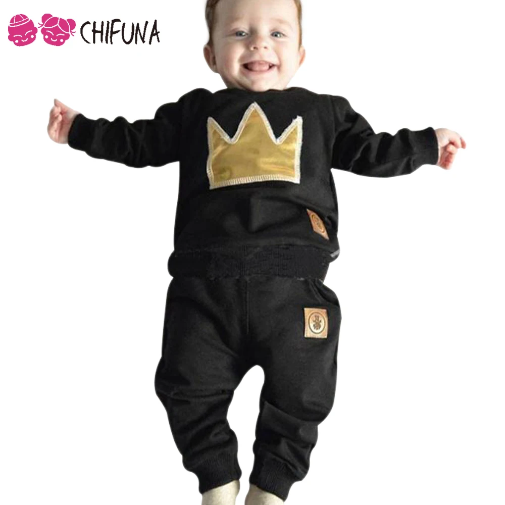 Hot Sale 2017 Black Baby Boy Clothing Set Imperial Crown Printed Children Clothes Outerwear