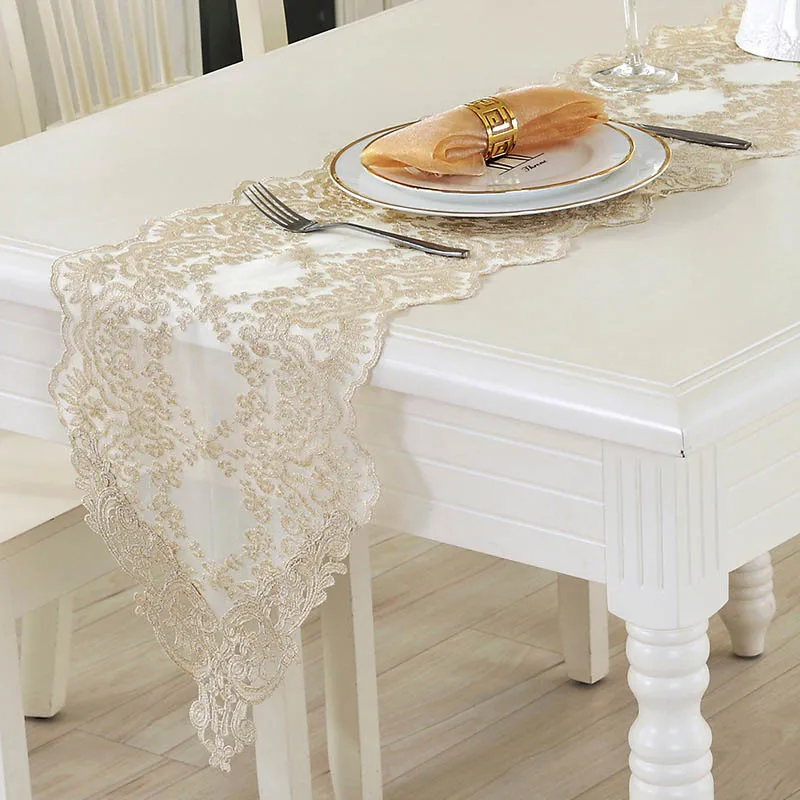 

White Gold Lace Table Runner Europe Floral Wedding Table Decoration TV Table Cover Decor For Hotel Banquet Birthday Party 8 Size