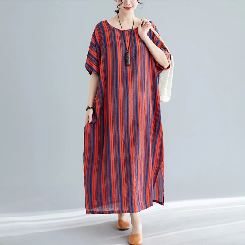 

Johnature Plus Size Casual Women Clothes Dress Summer New O-neck Half Sleeve Striped Loose Simple A-line Dresses 2019