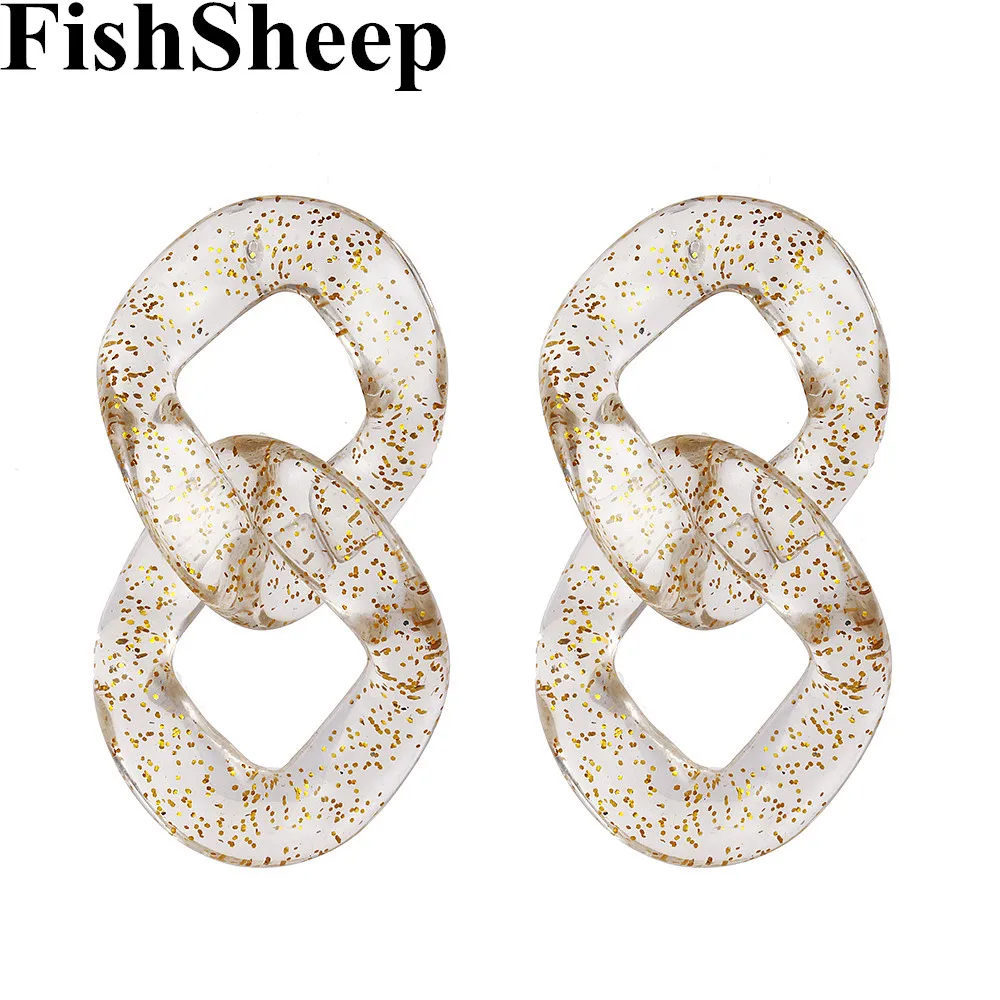 

FishSheep Statement Big Acrylic Gold Foil Round Acetate Drop Earrings For Women Clear Gold Glitter Long Chain Earrings Jewelry