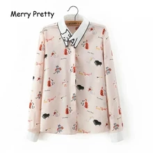 Merry Pretty женская шифоновая блузка с рисунком кота, рубашка, длинный рукав, отложной воротник, Лоскутные Топы и блузки для женщин