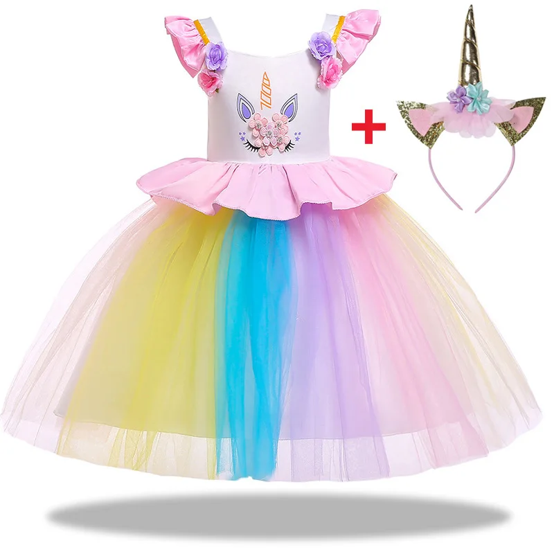 Платье-пачка для девочек с изображением единорога; платье принцессы радуги; детское праздничное платье; Карнавальный костюм для девочек на Рождество и Хэллоуин; - Цвет: as picture