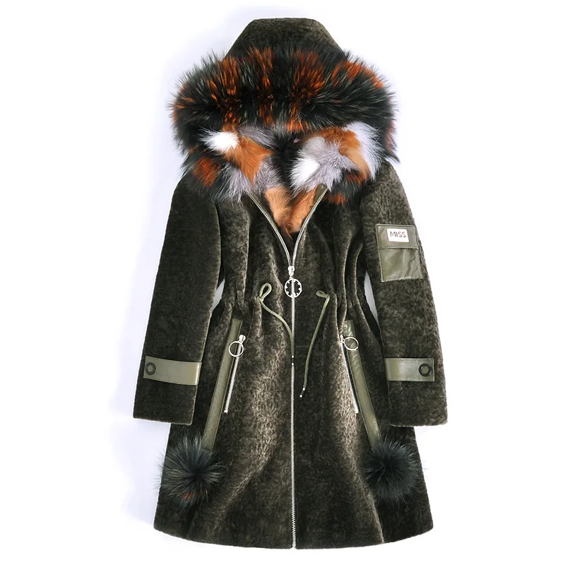 Lady Real Wool Blend Fur Coat Jacket Raccoon Fur Hoody Fox Fur Placket