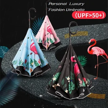 

2019 Folding Reverse Flamingo Umbrellas Folding Double Layer Inverted C Hand Holder Stand Rain Windproof Rolling Over Umbrella