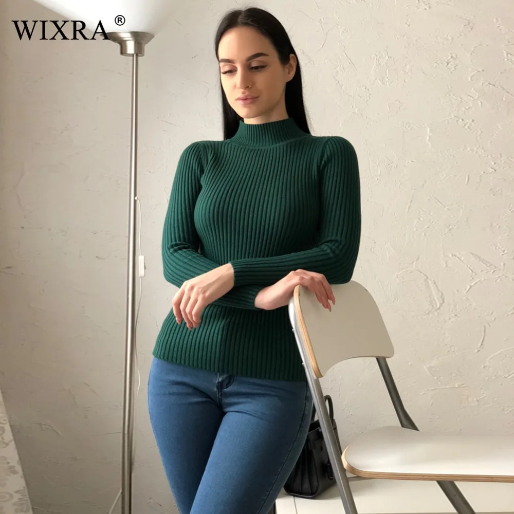 Wixra, базовый пуловер, весна-осень, Модный женский свитер, высокая эластичность, однотонный, водолазка, Свитера для девушек, тонкий вязаный пуловер