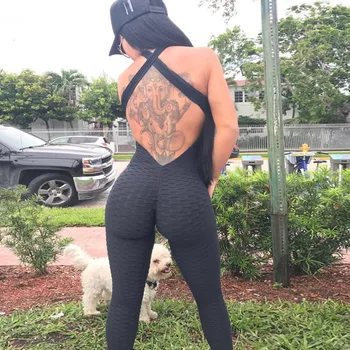 

Black Backless Sexy Rompers Jumpsuit Women Summer 2020 Fitness Jumpsuits Push Up Bodysuit Trousers Anti Cellulite Leggings Tight