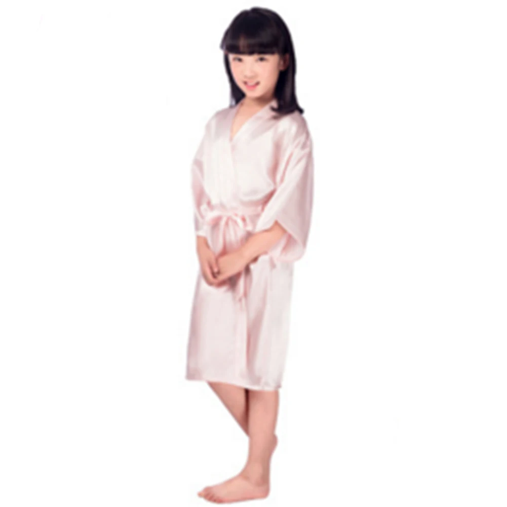 New Arrival Baby Girls Kid Silk Satin Kimono Robes Bathrobe Sleepwear Nightdress Wedding Flower Girl Solid Loose Night Dress - Цвет: pink