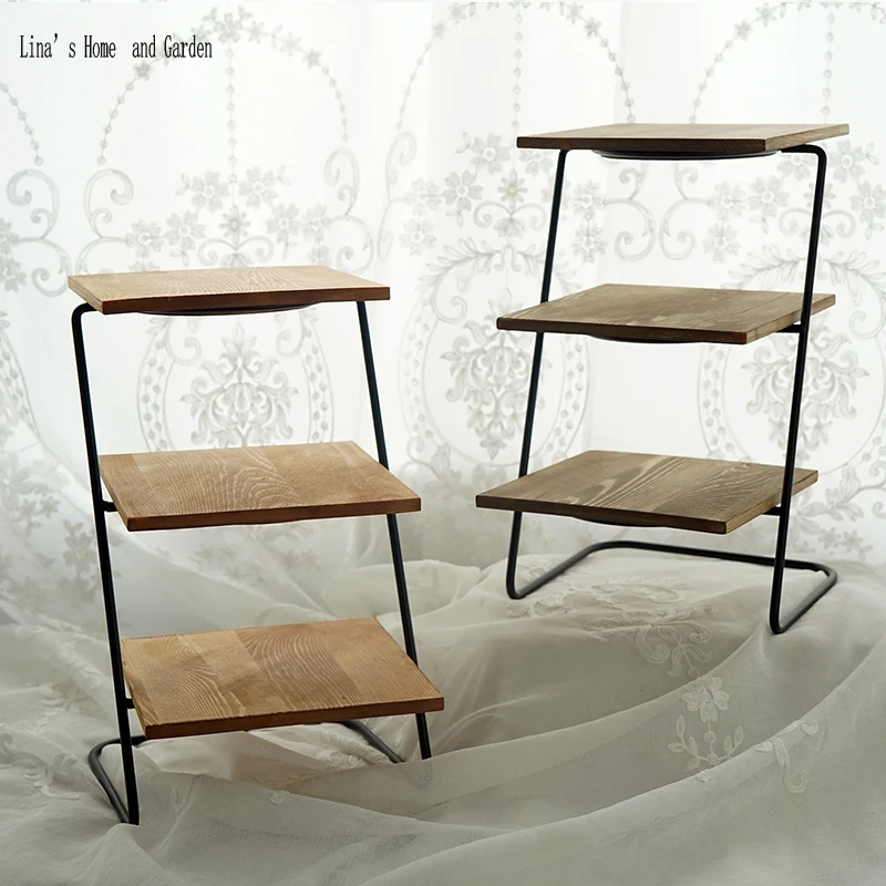 antique brown wood metal 3 tier small display shelf (3)