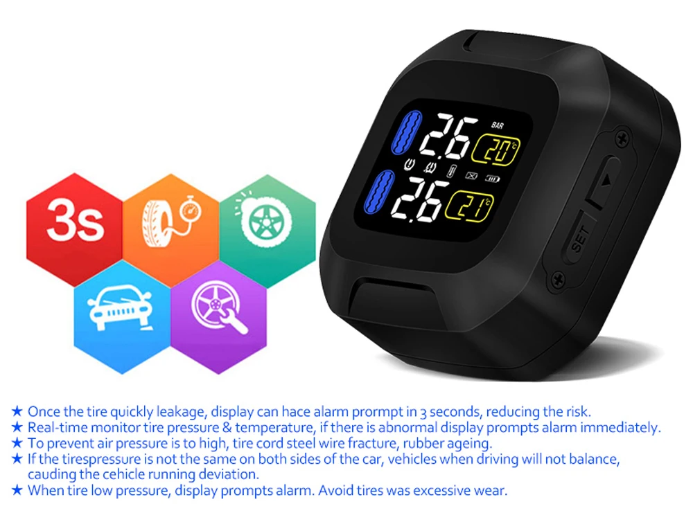 Wireless LCD Motorcycle Tire Pressure Monitoring System TPMS 2External Sensor Realtime Monitor Abnormal Alarm Moto Tyre Tool PSI