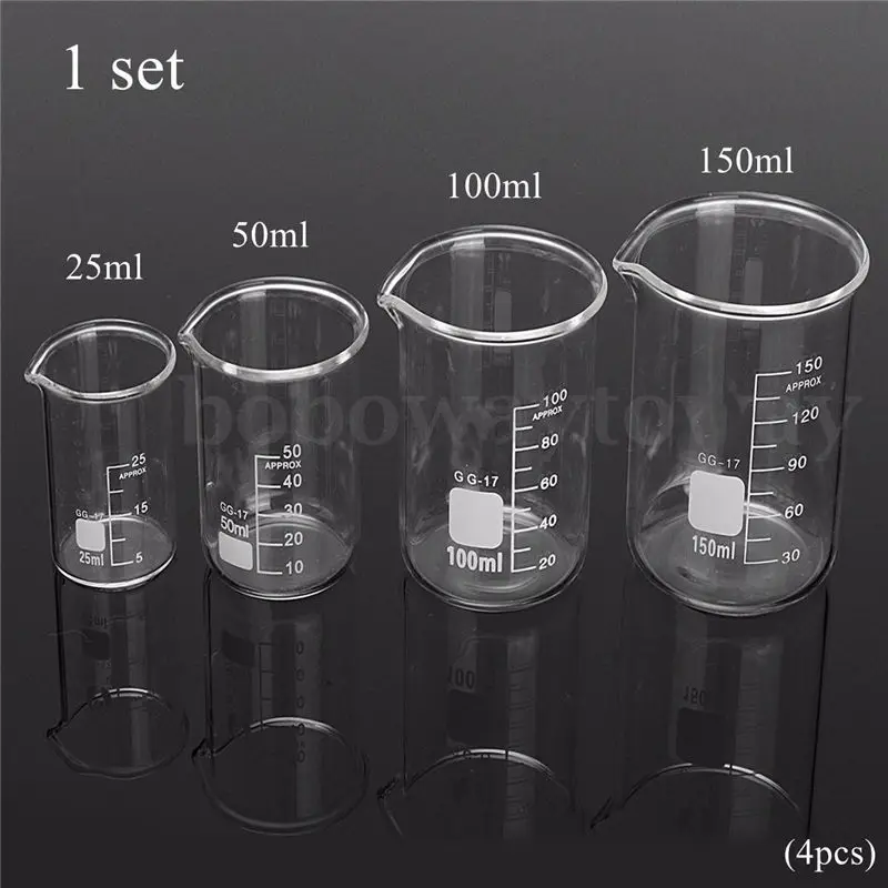 Image 4pcs set Graduated Borosilicate Glass Beaker Volumetric Glassware Experiment Tool For Laboratory 25ml 50ml 100ml 150ml