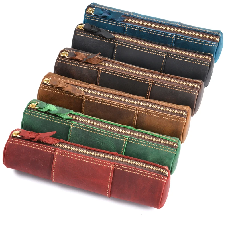 

Handmade Genuine Leather Pencil Case with Zipper Retro Office School Supplies Gift Joy Corner