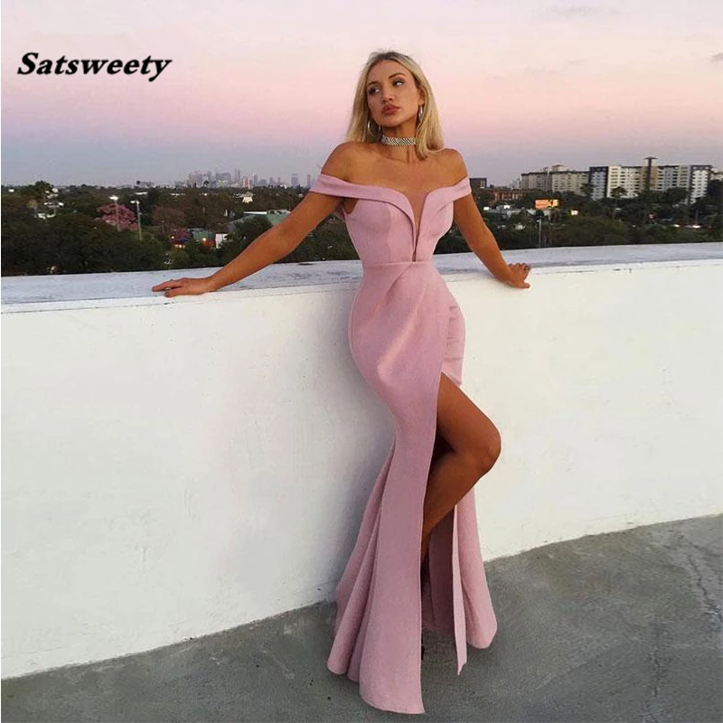 Off-the-Shoulder-Pink-Evening-Gowns-with-Split-Satin-Mermaid-Prom-Dresses-Long