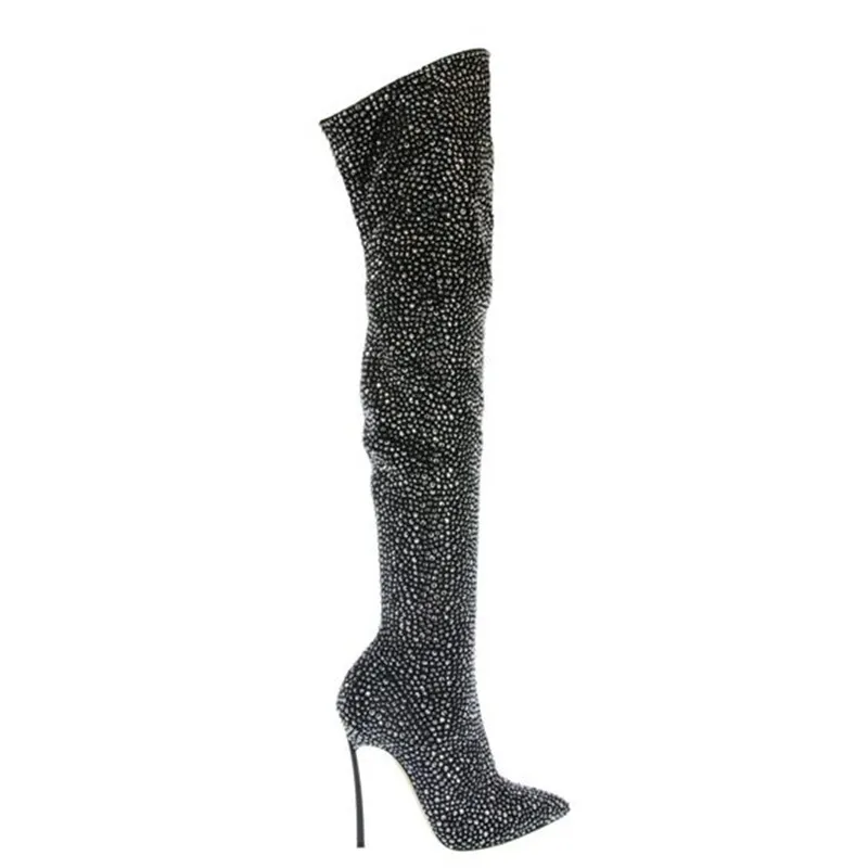 Sestito/ Женские Сапоги выше колена с острым носком, украшенные блестящими кристаллами женские модельные туфли на высоком каблуке-шпильке с боковой молнией