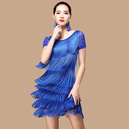 Платье для латинских танцев для взрослых европейский стиль Дети Женщины Румба Сумба латинская юбка с кисточками для танцев - Цвет: blue sleeveless