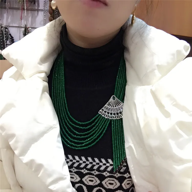 Горячая натуральный зеленый камень Микро инкрустация циркония застежка кисточкой ожерелье Длинный свитер цепи модные ювелирные изделия