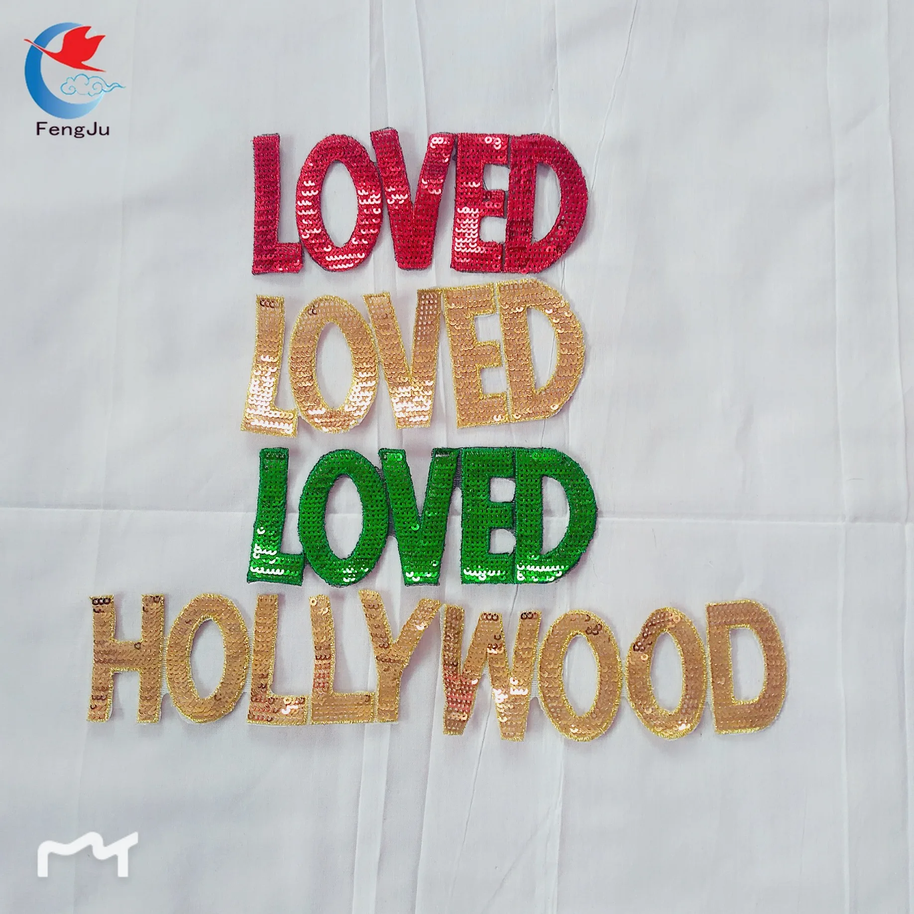 

FengJu 1pc"HOLLYWOOD" "LOVED" patches for clothing Strips Sequined Patch Applique Iron on decoration fashion Letter Patch DIY