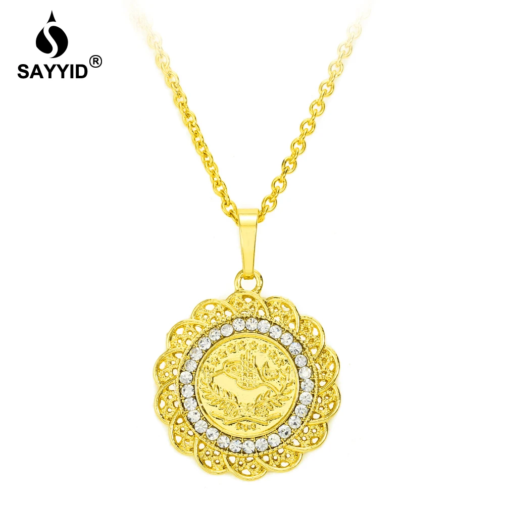 

Middle East Saudi Arabia Hot Sale Badge Pendant Necklace for Women's Fashion Plating yellow gold color inlay Rhinestone Necklac
