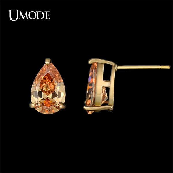 UMODE Женские серьги гвоздики слеза бледно-палевого цвета с позолотой розовым золотом 18К с цирконием UE0150