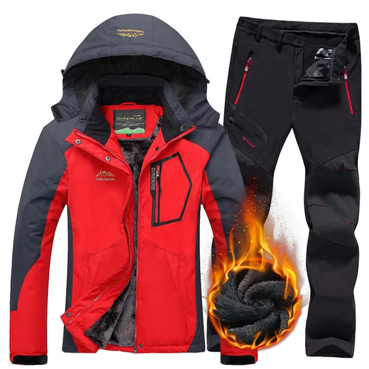Женские лыжные костюмы, водонепроницаемая куртка, брюки, термо флисовое пальто, уличные Горные лыжи, сноуборд, зимняя женская куртка, брюки размера плюс - Цвет: Red  Black